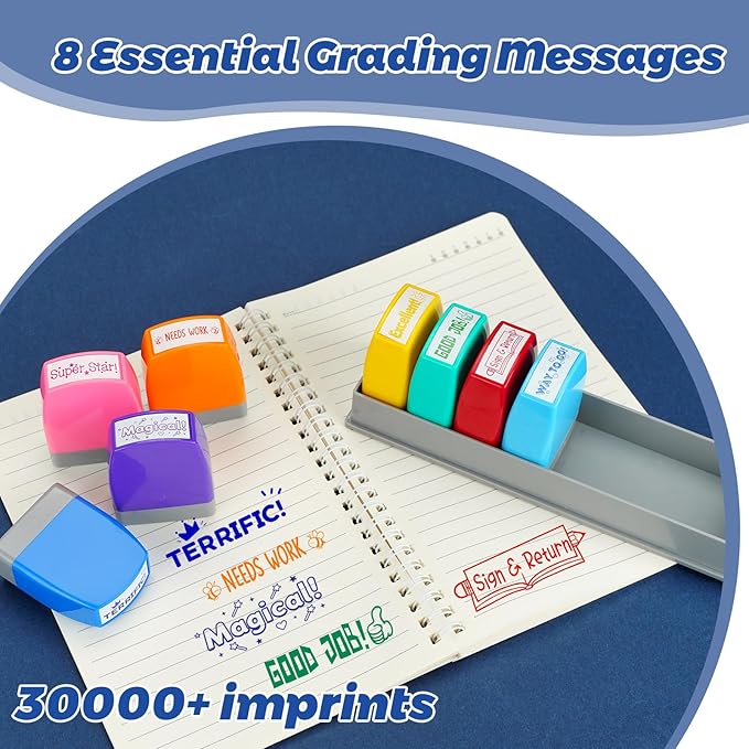 Teacher Stamps for Classroom, Self Inking Grading Stamps Set, Reward Stamps with Sign & Return, Excellent, Good Job, Classroom Must Haves for Elementary School Teacher Appreciation Gifts (8pcs)