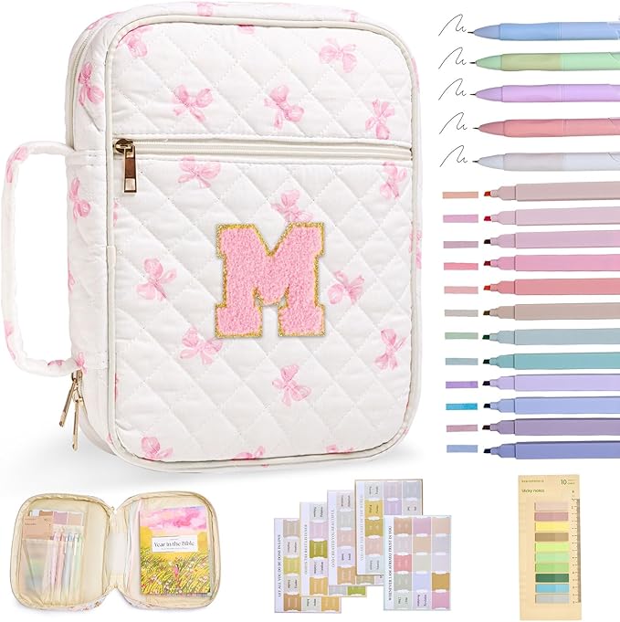 Personalized Initial Bible Cover Case for Women Girls Kid Large Bible Cover with Durable Handle Quilted Bible Carrying Case for Girls Bible Study Supplies Accessories (Pink Bow M, one Size)