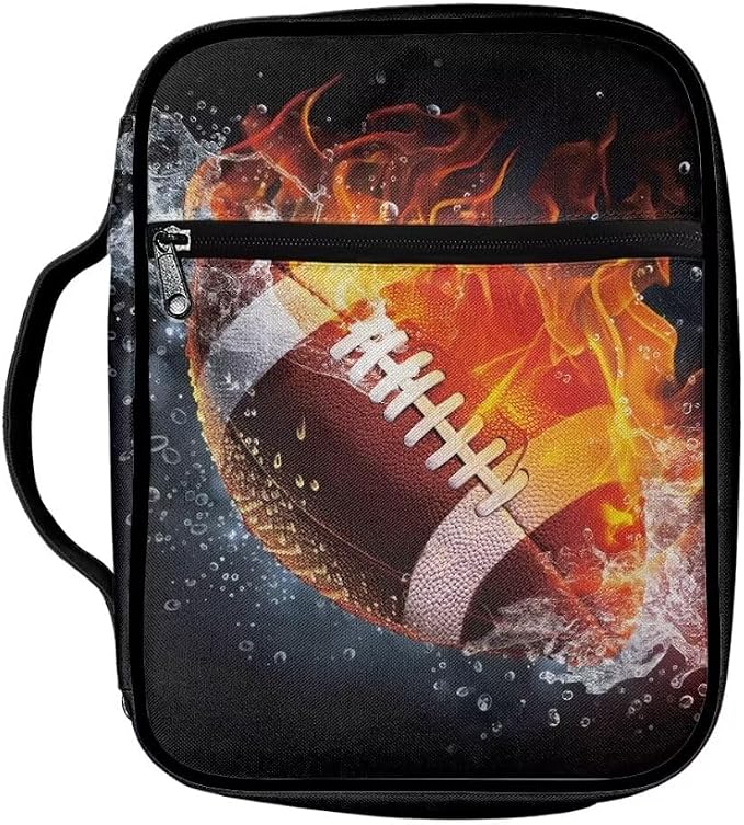 Coldinair Fire Water Football Bible Covers Bag for Men,Carrying Book Case Church Bag Bible Holder for Teens with Handle and Zippered Pocket