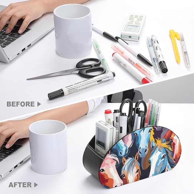 Colorful Cartoon Horses Remote Control Holder TV Remote Caddy with 5 Compartments PU Leather Storage Box Stylish Desk Organizer for TV/DVD/Accessories Desk Office Supplies Home