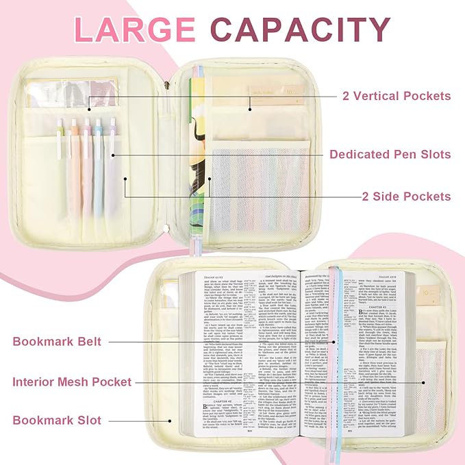Personalized Initial Bible Cover Case for Women Girls Kid - Large Quilted Bible Case with Handle, Stylish Chenille Letter Bag Study Supplies, Perfect Christmas Gifts for Christians Women (Pink Bow-S)