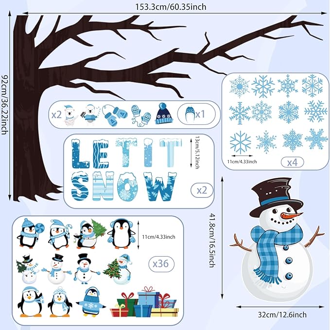 Maitys 124 Pcs Winter Bulletin Board Decorations Christmas Snowflake Let It Snow Tree Snowman Penguin Cutouts Tree Bulletin Board Set for Classroom Home Office Holiday Winter Room Wall Window Decor