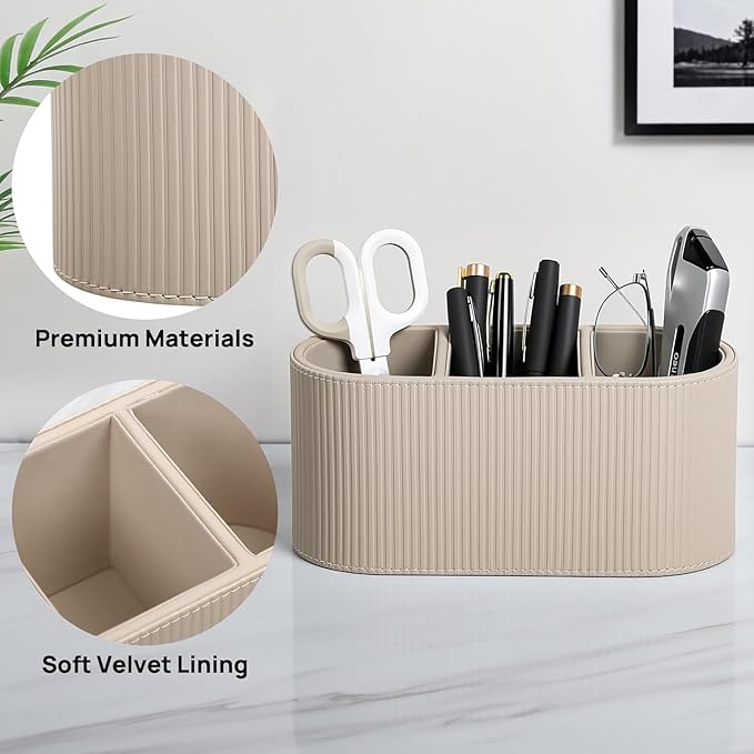 PU Leather Pen Holder with Compartments for Office White Pen Holder for Desk Decoration Multifunctional Pencil Organizer for Office Teacher Classroom Cosmetics Gifts Accessories Favor (Beige 1)