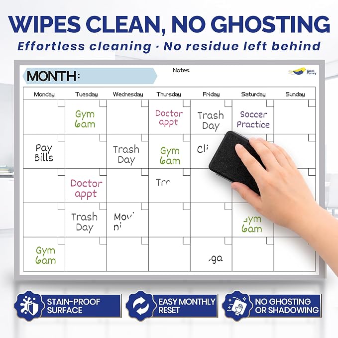 Monthly Magnetic Calendar for Refrigerator - 17x12” Stain-Resistant Dry Erase Fridge Calendar Whiteboard with Large Writing Space for Schedules, Chores & Meals - With 4 Markers & Eraser - Monday Start