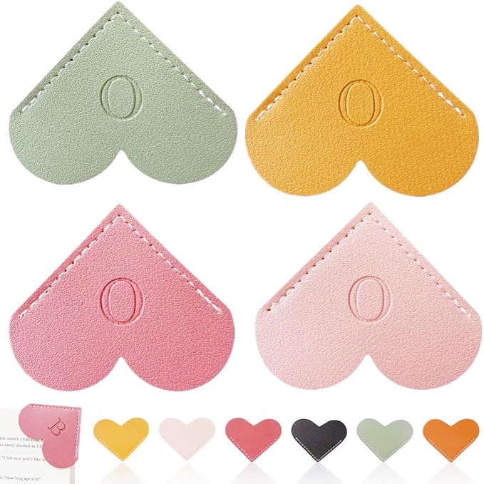 Personalized Leather Heart Bookmark, 26 Letters Customized Corner Book Mark for Reading Women, Book Marker with Initials，Cute Gifts (Light Pink+Deep Pink+Green+Light Brown, O)