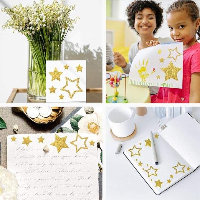 5 Sheets Glitter Star Stickers, Gold Stars Stickers, Self-Adhesive Star Labels, Star Decals for Crafts, Christmas Decoration Scrapbooks Cards Kids Reward, Teacher Stickers Stars