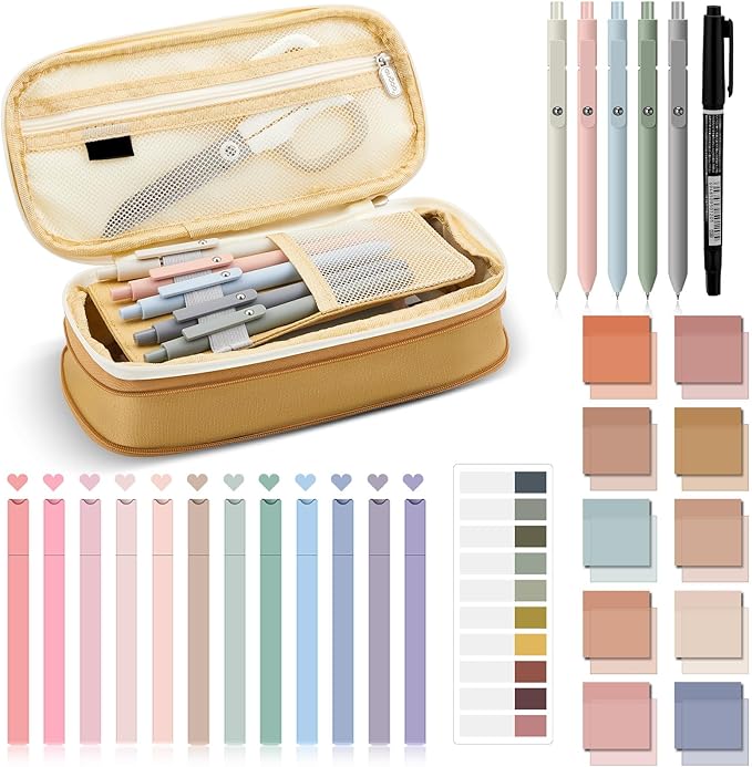 Jutom 39 Pcs Aesthetic Book Annotation Kit Highlighter with Pencil Case Bag Gel Pen Transparent Sticky Note Taking Bible Study College School Supplies(Khaki,Cute Style)