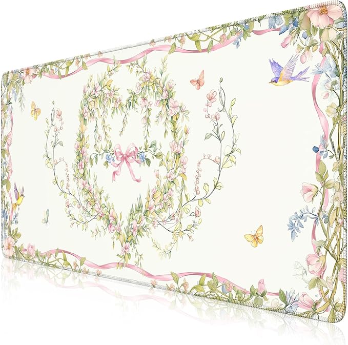 HAOCOO Floral Bow Desk Mat, Cute Keyboard Mat for Desk, XXL Mouse Pad with Non-Slip Base, Waterproof Computer Mat for Office Decor & Accessories, Girly Desk Organizers for Home