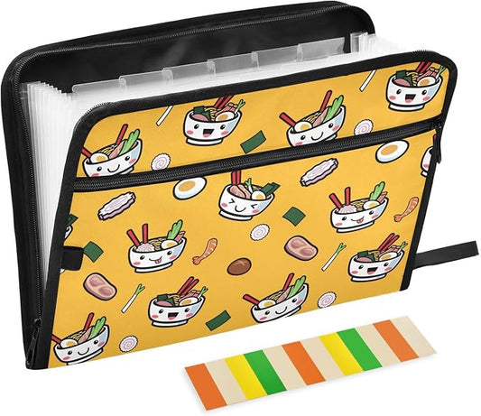 Japanese Food Pattern File Folders,Plastic Folders with 13 Pockets,Expandable File Folder for Documents School Students Office,Aesthetic Folder with Labels A4 Letter Size