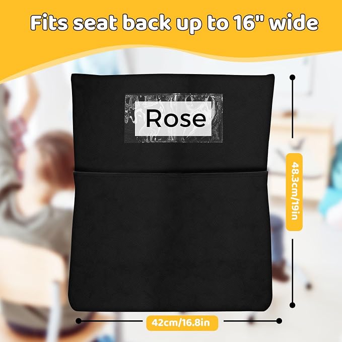 12 PCS Chair Pockets for Classrooms,19.5"x16.5" Seat Sacks for Classroom Chairs K-2, Classroom Student Chair Pockets for Kindergarten, Classroom,School, and Home Seating Storage，Black.