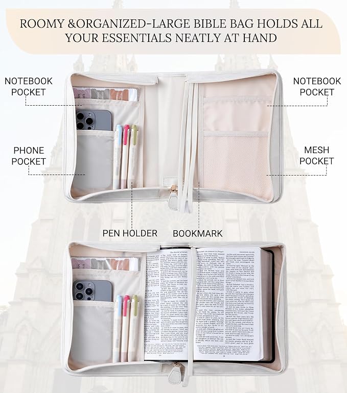 Vegan Leather Bible Cover for Men & Women, Bible Case with Gift Box, Christian Catholic Religious Bible Gifts (White)