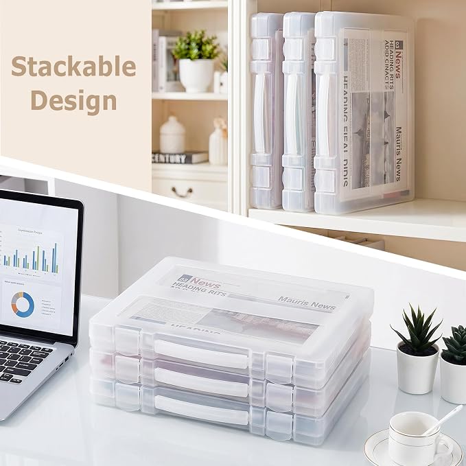 SAYEEC Portable Project Case Plastic File Storage Box with Handle Transparent Scrapbook Container for 8.5"x11" Letter A4 Paper Magazine Book Protector Travel Carrying Case for Photo Art Craft Office