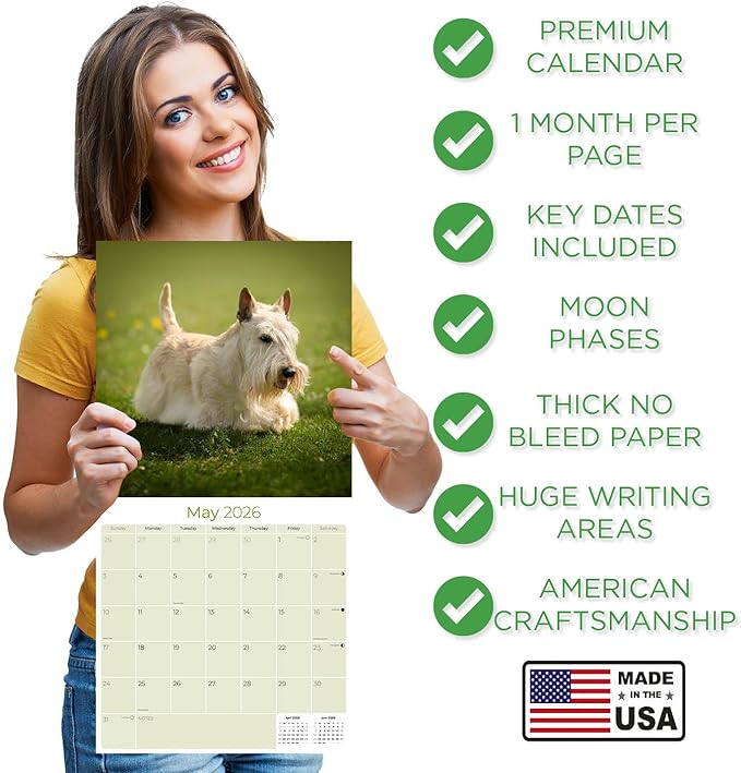 Scottish Terrier Calendar 2026 by MegaCalendars – Monthly Dog Breed Wall Calendar, Made in USA