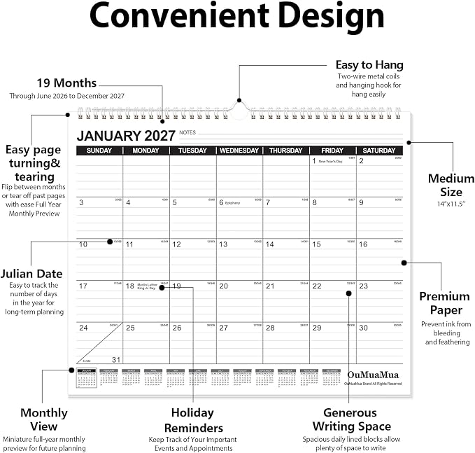 OuMuaMua Wall Calendar 2026, Calendar Wall 2026-2027, Jun. 2026 to Dec. 2027, 14" X 11.5" 19-Month Paper Hanging Planner Wall with Thick Paper, Ruled Blocks for Office Home Planning & Organizing
