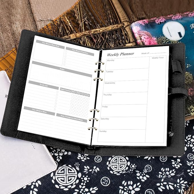 Weekly Planner Refills for A5 Binders - 53 Sheets/106 Pages Undated Weekly Planner, 6-Hole Punched, 100 gsm White Paper, Lasts 1 Year, Undated, 5.8" x 8.3", Black