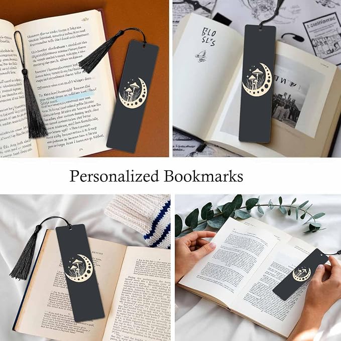 Mushrooms Bookmarks 5 Pcs Cosmic Moon Mystical Black Wooden Bookmark with Tassels for Reading Book Lovers Gift Office School Readers Teacher