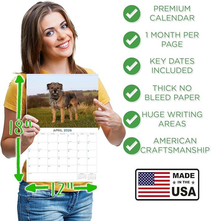 2025 2026 Border Terrier Calendar - Dog Breed Monthly Wall Calendar - 12" x 18" Open - Thick No-Bleed Paper - Giftable - Academic Teacher's Planner Calendar Organizing & Planning - Made in USA
