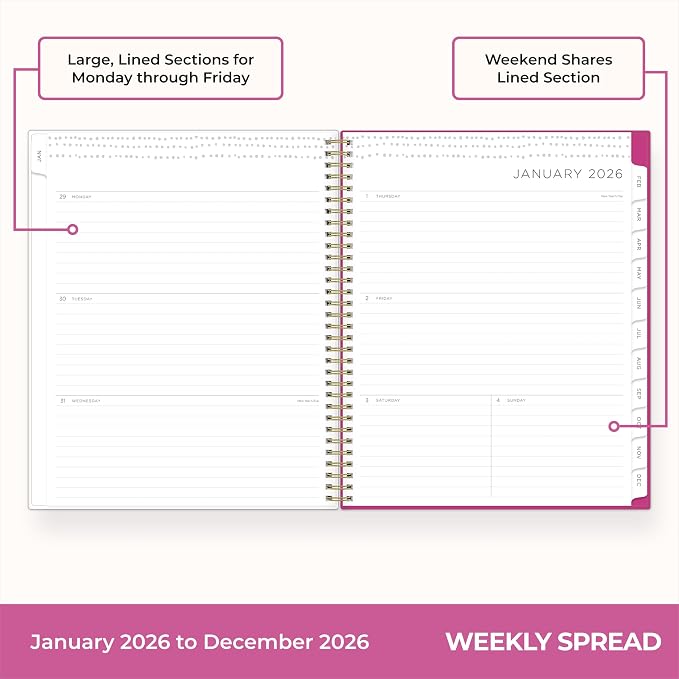 Blue Sky Kelly Ventura 2026 Weekly and Monthly Planner Calendar, January 2026 - December 2026, 8.5" x 11", Flexible Cover, Laminated Tabs, Durable Twin Wire Binding, Storage Pocket, Magenta Blooms
