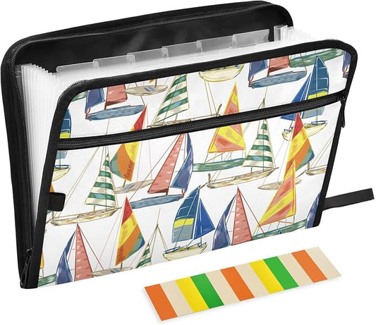 Marine Nautical Sail Boat File Folders,Plastic Folders with 13 Pockets,Expandable File Folder for Documents School Students Office,Aesthetic Folder with Labels A4 Letter Size