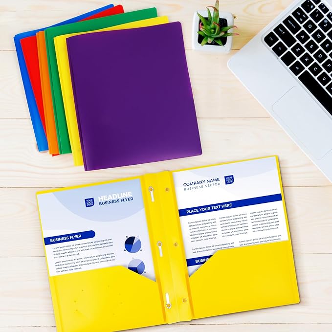 6-Pack Plastic Folders with Pockets and Prongs,2-Pocket Folders with 3 Fasteners, Holds 8-1/2" x 11" Paper for School/Office/Home, Yellow
