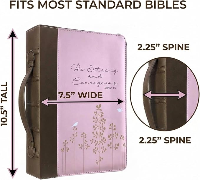 Bible Cover Case for Women and Girls, Large Faux Leather, Joshua 1:9, Zippered Carrying Case with Handle and Pockets, Church Bag, Christian Gifts for Women, Pink/Brown - Office Werks