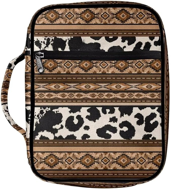 Coldinair Tribal Aztec Bible Covers for Women Men,Native Geometric Carrying Book Bible Case Cow Print Church Bag Bible Protective with Handle & Zippered Pocket