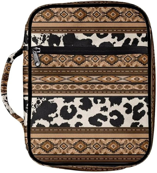 Coldinair Tribal Aztec Bible Covers for Women Men,Native Geometric Carrying Book Bible Case Cow Print Church Bag Bible Protective with Handle & Zippered Pocket