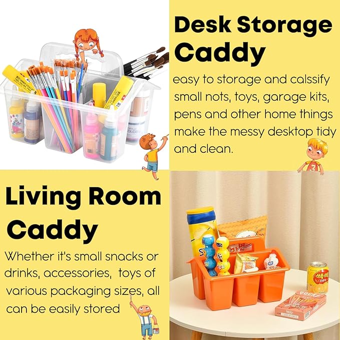 NINU Classroom Caddy Storage Basket with Handle, Plastic Arts Office Crafts Caddy 4 Compartments for Kids, Pencil, Crayon, Marker, School Supplies - 6 Pack Clear