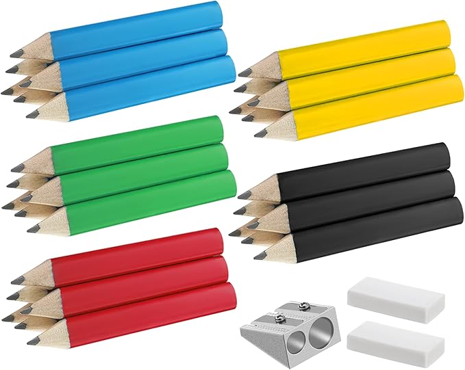 Marspark 30 Pcs Short Triangular Fat Pencils Bulk 3.5 Inch Wooden Triangular Jumbo Pencils with Sharpener and 2 Erasers for Preschoolers, Kindergarten, Toddlers, Beginners and School(Vivid Colors)