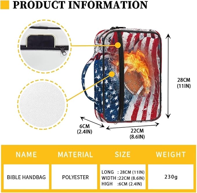 Ice Fire Rugby Football USA Flag Bible Cover for Men Kids Boys 4th of July Independence Day Memorial Day USA American United States Patriotic Print Bible Case Carrying Book Case for Study