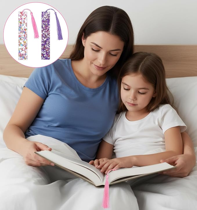 2 Pcs Book Marks for Reading Kids, Pink & Purple Acrylic Girl Bookmarks for Little Girls Cute Bookmarks with Tassels, Perfect for Reading, Gifts for Book Lovers