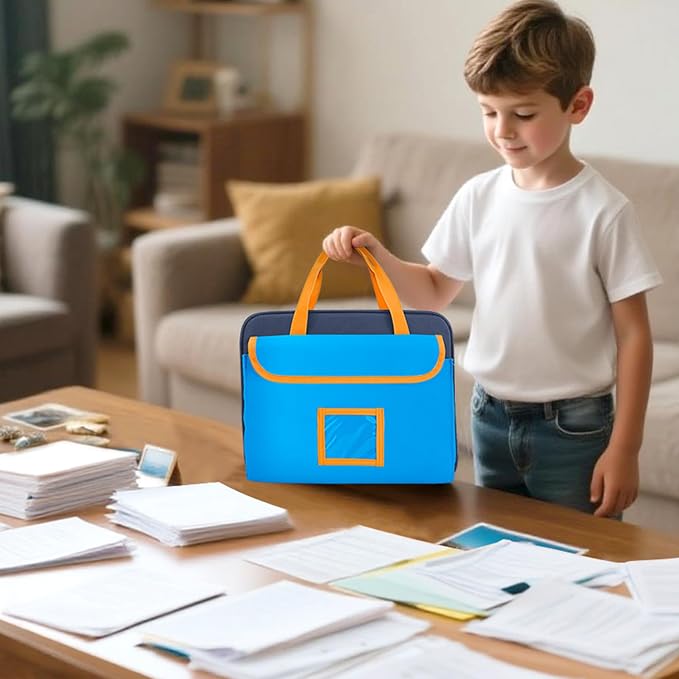 GRAOSO Zipper Document Bag for Boys and Girls, 9 Expandable Folders, Baby Portfolio Organizer Case with Customized Photo and Name Areas, Blue