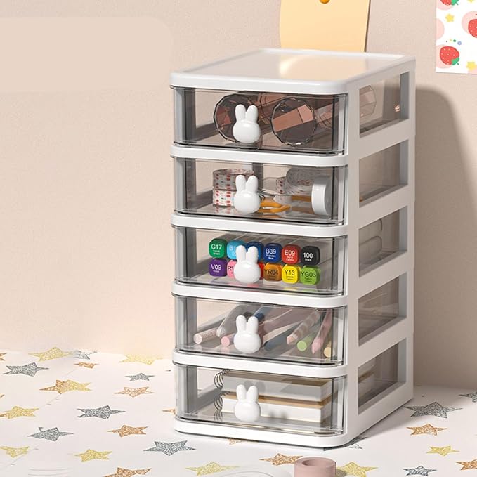 Plastic Desktop Storage Box Drawers, Stackable Desk Organizer with Bunny Handle Desktop Drawers Multi Tier for Office School(Clear) (White, 5 Tier(13.4x17x26cm))