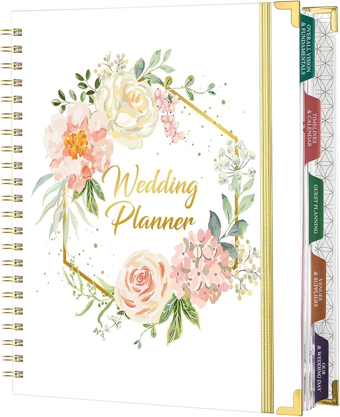 Wedding Planner Book and Organizer - Wedding Planner, Wedding Planners for Bride with 5 Tabbed Sections, 9" x 11.9", Countdown Calendar, Metal Corner, 5 Inner Pockets, Elastic Closure - Floral