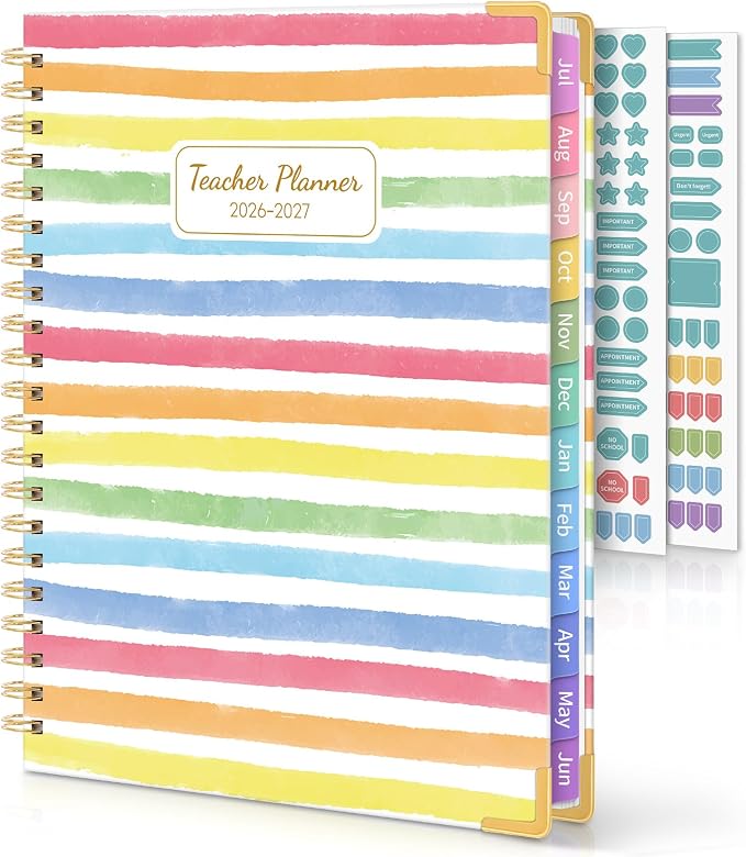 SKYDUE Teacher Planner 2026-2027 Academic Year, 8.5" x 11" Deluxe Teacher Lesson Planner with Monthly Tabs & Stickers, Lesson Plan Book 26-27, Rainbow