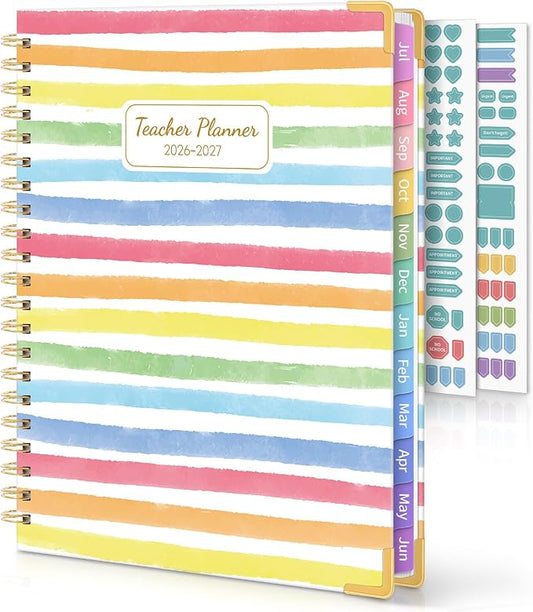 SKYDUE Teacher Planner 2026-2027 Academic Year, 8.5" x 11" Deluxe Teacher Lesson Planner with Monthly Tabs & Stickers, Lesson Plan Book 26-27, Rainbow