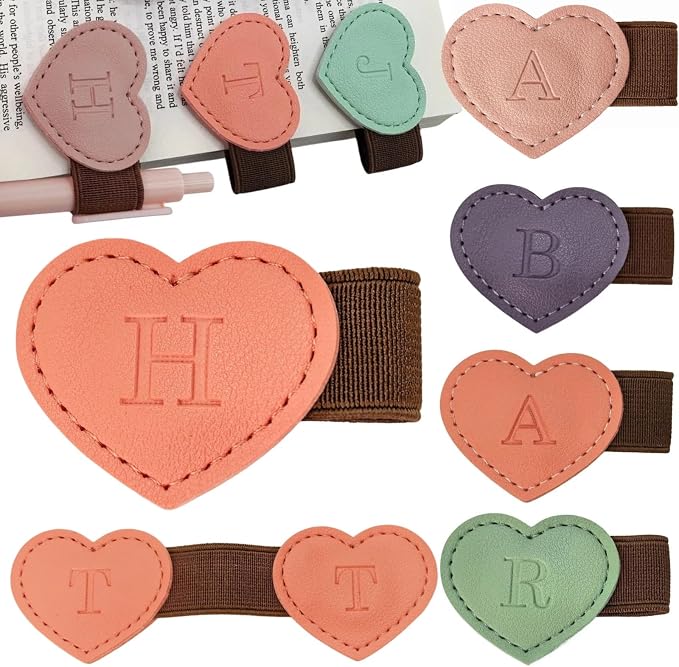 Personalized Magnetic Leather Heart Bookmark with Pen Holder - 26 Letters Custom Book Mark Notebook Pencil Loop with Initial Book Marker for Readers, Book Lovers- Gifts for Women Men(Black & Orange,H)