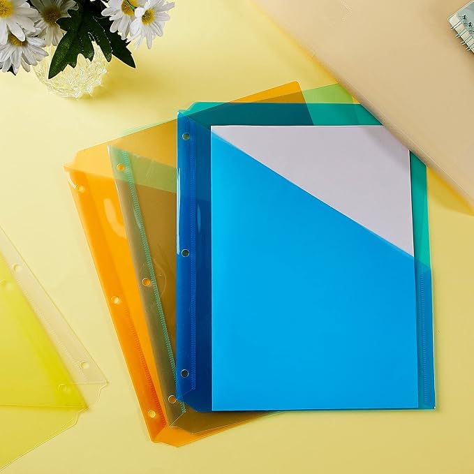 Maitys 100 Pack Binder Pockets 3 Hole Punch Clear Plastic Document Folders Binder Organizer Store Letter Size 8.5x11 Inch Paper Folders with Pockets Slash File Jacket for Office (Fresh Color)