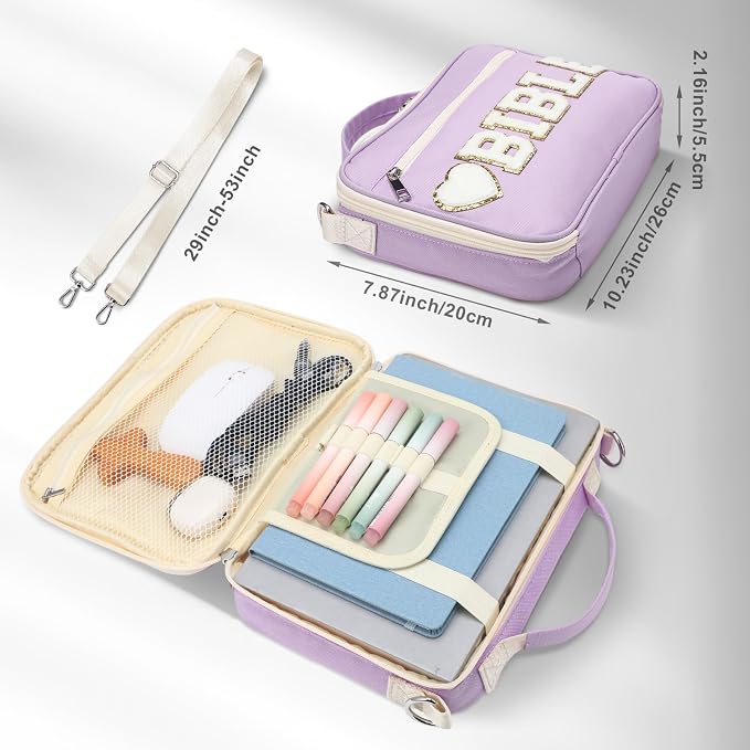 Silkfly Purple Bible Cover Case Preppy Large Chenille Letter Church Bag with Shoulder Strap Handle Back to School Gifts Waterproof Christian Tote Bag for Women Teacher Bible Accessories