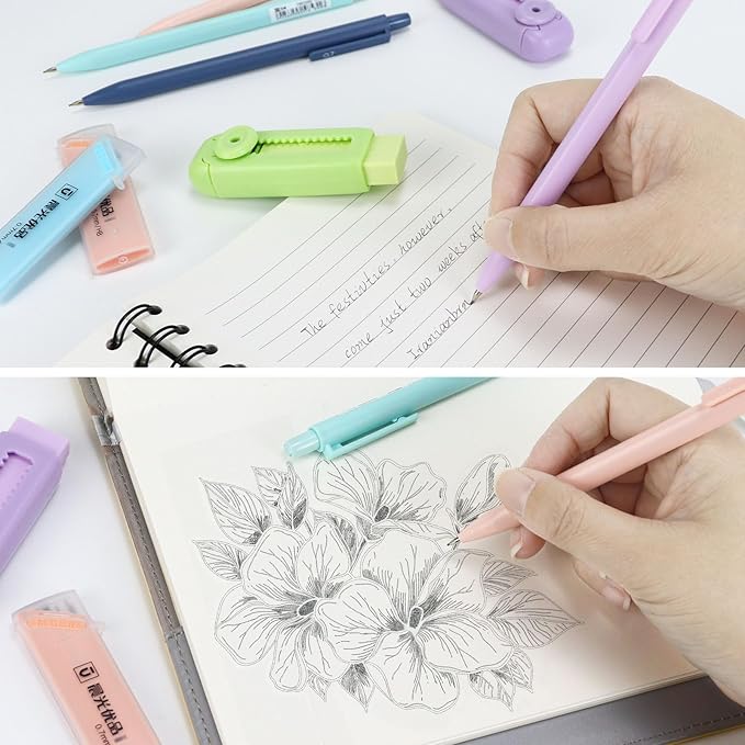 Buqoo Mechanical Pencil Set, 6PCS 0.7mm Cute Pastel Mechanical Pencils, 2Push-Pull Retractable Eraser with 80PCS HB 0.7 Lead Refill and Zipper Bag Pencil Kit for Art, Drawing Pencils for Sketching
