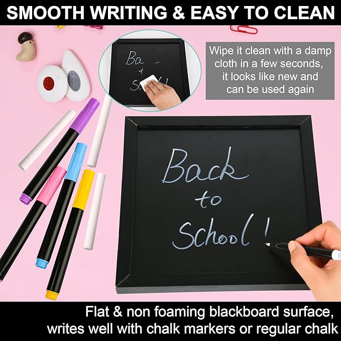 10" x 10" Double Sided Chalkboard Sign with Stand, Small Chalk Board Blackboard Wood Frame Felt Letter Board with 12 Chalk Markers and 340 Letters (Black)