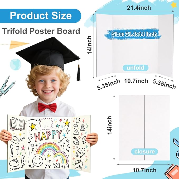 12 Pcs Small Trifold Poster Board, 21.4" x 14" Presentation Board, with Double Sided Tapes and Cardboard, White Corrugated Project Boards/Display Board for School Project/Science Fair Display Boards