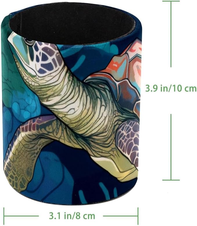 Pen Holder for Desk, Sealife Turtle Leather Round Pencil Cup Stationery Supplies Holder, Large Capacity Makeup Brush Holder for Home, Office
