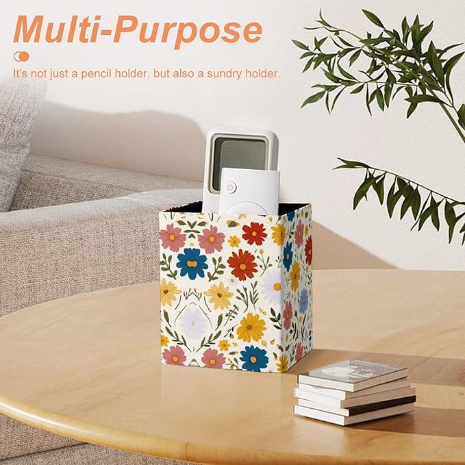 Flowers Print Square Leather Pen Holder, Minimalist Desk Organizer for Office Home School, Pencil & Stationery Storage Box, Gift for Students Teachers Colleagues