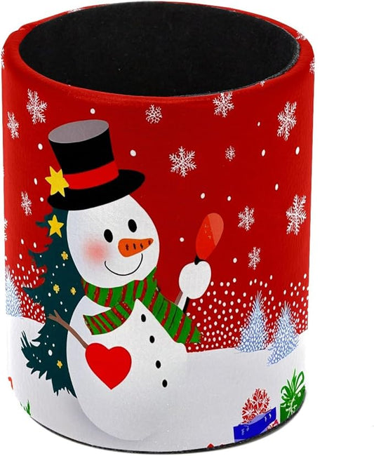 Christmas Snowman Snowflake Pen Holder Pencil Organizer Cute Pencil Cup Desk Decor Makeup Brush Holder PU Multifunctional Office Supplies for Home Classroom School