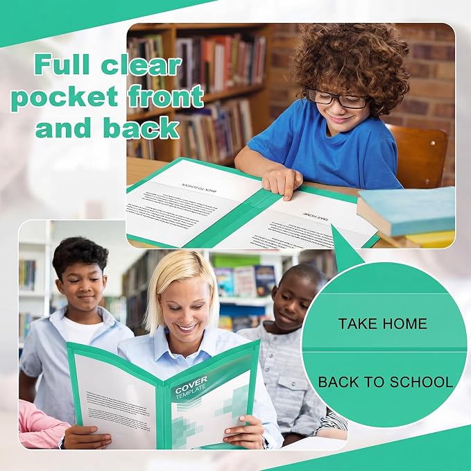 Henoyso 24 Pcs Take Home Folder Heavy Duty 2 Clear Front Pockets and 2 Inside Pockets Homework Folders for School Students Parent Teacher Classroom Communication (Green)