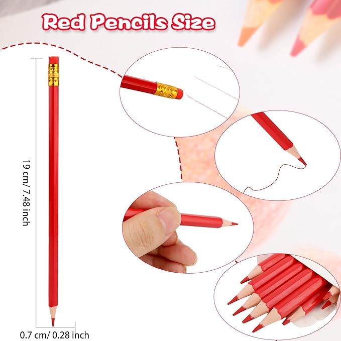 96 Pcs Red Pencils with Eraser Pre Sharpened Hexagon Pencils Erasable Red Checking Pen #2 HB Correcting Pen for School Office Supplies Grade map Check Test Drawing Coloring Editing