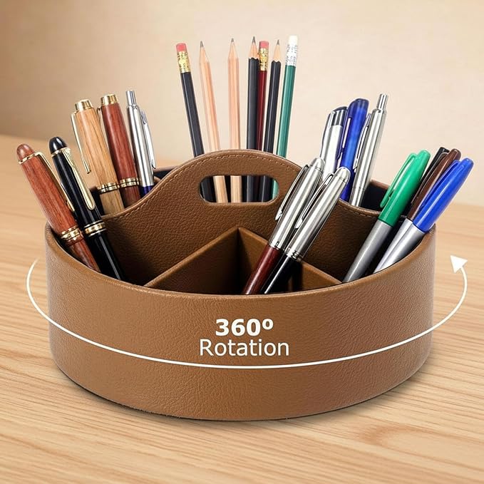 360° Rotating Leather Desk Storage Organizer with 6 Slots and Handle Extra-large Pen Holder Spinning Pencil Storage Lazy Susan Organizer Office Desk Supplies Marker, Art Supply(Brown)