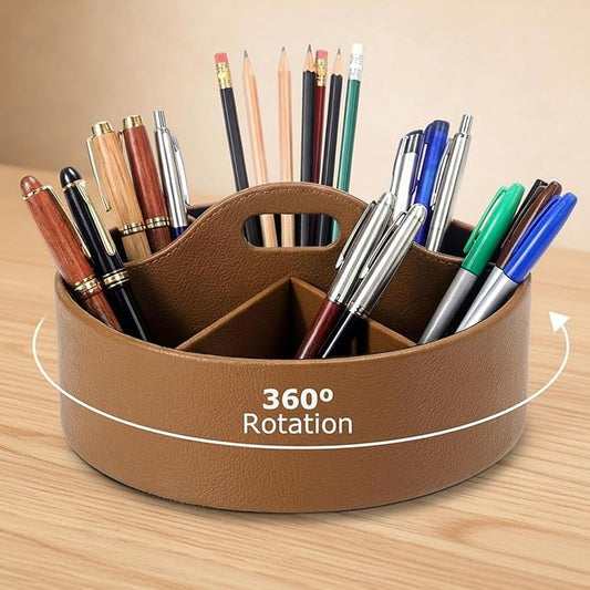 360° Rotating Leather Desk Storage Organizer with 6 Slots and Handle Extra-large Pen Holder Spinning Pencil Storage Lazy Susan Organizer Office Desk Supplies Marker, Art Supply(Brown)