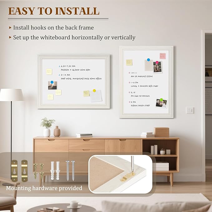 Large White Board for Wall, 36''x24'' Magnetic Dry Erase Board, Decorative Whiteboard with White Vintage Wooden Frame, Hanging Writing Board for Home Office School Dorm